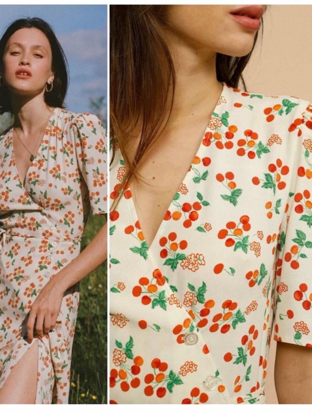 Rouje Gabin Cream Midi Dress with Orange Cherry Print, size 36/4